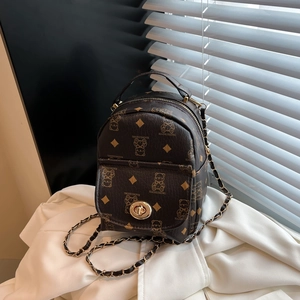 Women Retro Bear Print Mini Backpack PU Leather Small Crossbody Bag With Chain Strap Metal Twist Lock Trendy Fashion Travel Pack