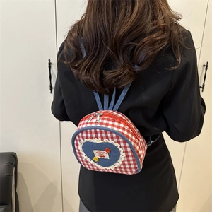 Mini casual plaid backpack with heart denim patch and cherry print for women's daily commute