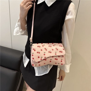 Pink cherry pattern crossbody bag with adjustable strap and irregular base for women