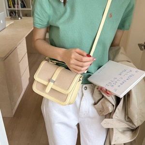 Chic cream leather and canvas small square crossbody bag for women daily fashion style