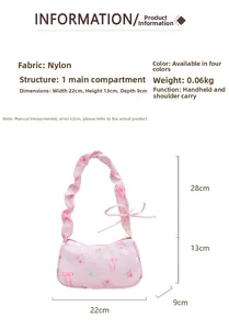 Pink nylon floral shoulder bag dimensions guide with size 22x13x9cm details