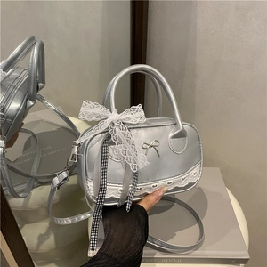 Sweet PU Leather Crossbody Bag For Women With Lace Bowknot Ribbon Decoration Fashion Niche Bowling Handbag Casual Daily Shoulder Bag