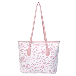 Large white canvas tote bag with pink cartoon graffiti and slim shoulder straps