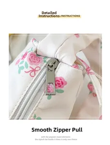 Detail of silver smooth metal zipper on white floral printed fabric bag texture