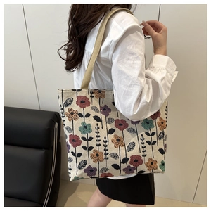 Detail of vintage floral jacquard tote bag with sturdy woven straps and spacious design