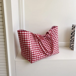 Summer Ins Fashion Canvas Plaid Tote Bag Large Capacity Gingham Shoulder Bag Lazy Style Shopping Handbag For Women