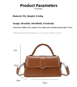 Detailed size chart of the brown croc-embossed PU handbag with strap dimensions