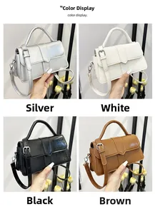 Color options of the vintage square crossbody bag in silver, white, black and brown leather