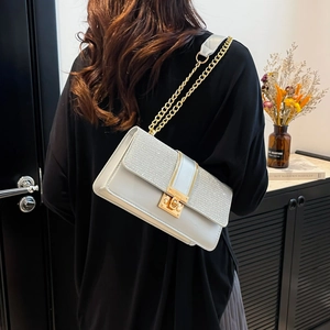 Chic silver sequin flap crossbody bag with gold chain and metal twist lock for women