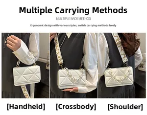 Detailed views of white quilted crossbody bag with stylish wide strap and chain handle