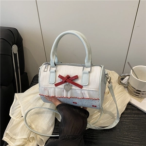 Damen Mini Boston Umhängetasche Kontrastfarben Schleife Herzanhänger Punktmuster PU Leder Handtasche Exquisiter Süßer Stil