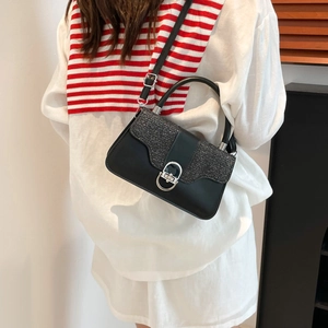 Sparkly black sequin crossbody handbag for women with silver metal ring buckle and handle
