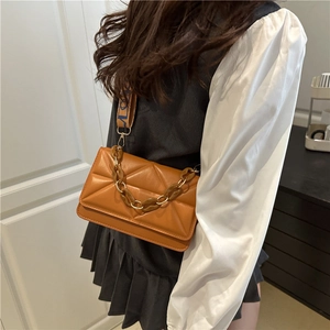 Brown quilted crossbody bag with chunky resin chain and wide branded strap for women