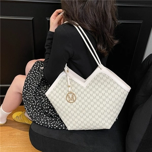 French style tote bag with M-letter print and gold charm in cream white color