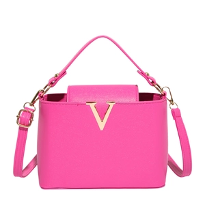 Elegant fuchsia crossbody bag with top handle and golden V logo for summer fashion