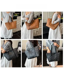 Sac fourre-tout à motif classique marron et noir porté par un mannequin en divers styles