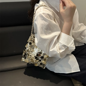 Sac seau à paillettes dorées avec bandoulière chaîne pour femme, style printemps 2025