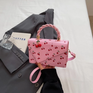 Sac Bandoulière Imprimé Cerise pour Femmes Mini Sac à Main Carré en Similicuir PU Avec Poignée Tressée Mode Chic