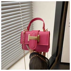Detail of rose pink mini handbag with gold chain strap and metal clasp closure