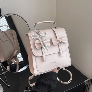 Petit Sac à Dos Femme en Cuir PU Style Collège Décor Double Nœud Pendentif Künstliche Perle École Voyage Décontracté Mode Filles