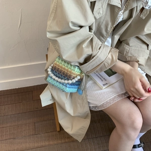 Fashion colorful woven square bag with pearl handle and golden chain shoulder strap