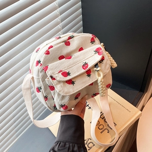 Vintage Corduroy Strawberry Print Crossbody Bag For Women Japanese Harajuku Style Mini Square Messenger Bag Daily Shoulder Bag