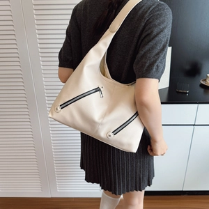 Beige large capacity leather tote bag with stylish litchi grain and double zippers