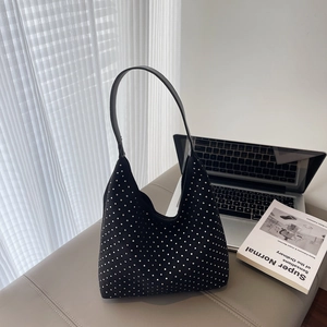 Women Korean Rhinestone Hobo Shoulder Bag Large Capacity Faux Suede Tote Minimalist Underarm Bag Lazy Style Fashion Daily