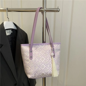 Women Chinese Style Jacquard Tote Bag Large Capacity Floral Lattice Shoulder Handbag With Tassel Elegant Commuter Bag