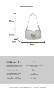 Detailed dimension guide for white PU leather baguette shoulder bag with metal M buckle
