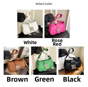 Collage of leather handbags in white, rose, brown, green, and black with M logo