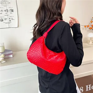 Chic red woven crescent shoulder bag in PU leather for stylish casual daily wear