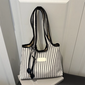 Sac Cabas en Toile à Rayures de Grande Capacité pour Femmes Sac à Bandoulière Minimaliste avec Garniture en Cuir Synthétique
