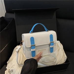 Vintage PU Leather Crossbody Bag For Women Fashion Contrast Color Small Square Shoulder Bag With Top Handle Stylish Daily Handbag