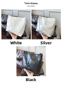 Three-color display of minimalist leather tote bags in white, silver, and black finishes