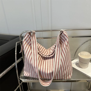 Korean Style Striped Canvas Shoulder Bag Large Capacity Women Tote Bag Campus Underarm Bag For Student Commuting Shopping