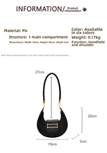 Detail view of black crocodile pattern crescent shoulder bag with size and specs info