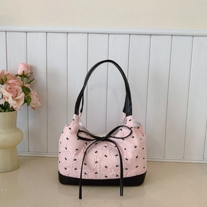 Women Fashion Bowknot Underarm Shoulder Bag Vintage Jacquard Fabric Handbag For Commuting Versatile Sweet Style Tote Bag