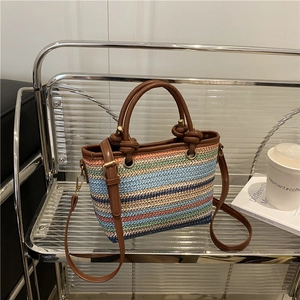 Summer Straw Woven Bucket Bag For Women Colorful Striped Crossbody Bag With Knotted Handle Casual Vacation Shoulder Bag