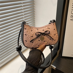 Sweet Pink Bowknot Jacquard Underarm Bag Women Trendy Baguette Bag With Heart Pendant Chic Shoulder Crossbody Bag