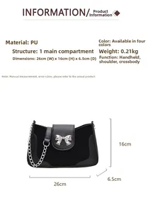 Detailed size chart of black saddle bag with silver bow accent and dimensions