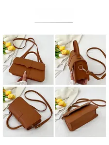 Caramel brown rectangular crossbody bag shown in multi-angle views with top handle