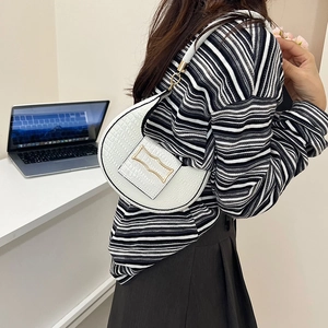 White faux crocodile pattern crescent shoulder bag with golden buckle for women