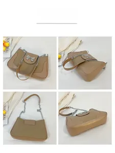 Detailed views of a minimalist color-block saddle bag with a silver bow and metal chain