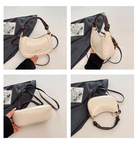 Detailed four-way view showing cream crescent bag with brown braided handle and golden logo
