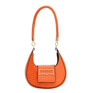 Chic orange hobo shoulder bag with crocodile embossed texture and gold buckle detail