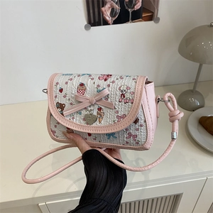 Women Sweet Small Square Crossbody Bag Cute Cartoon Print Bow Heart Pendant PU Leather Fabric Shoulder Bag Stylish Handbag