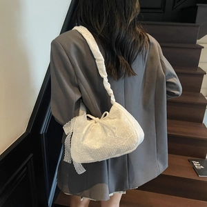 French retro white lace tote bag with floral patterns and ruffled shoulder strap