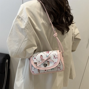 Pink and beige crossbody bag with cute teddy bear prints and 3D bow decoration