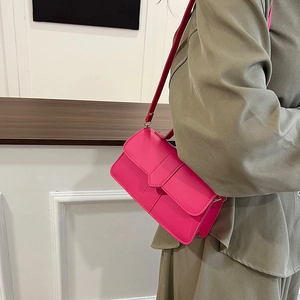 Elegant rose red rectangular flap shoulder bag in smooth faux leather for modern women